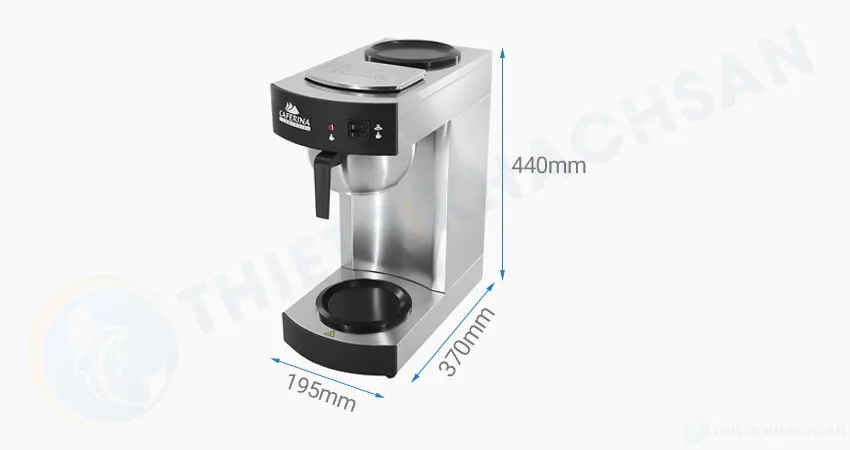 Ảnh tổng quan về kích thước L195xW370xH440 mm của máy lọc cà phê Caferina LP1537