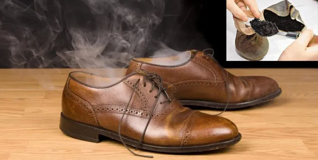 Bã cà phê khô được đổ vào một chiếc giày để khử mùi hôi bên trong