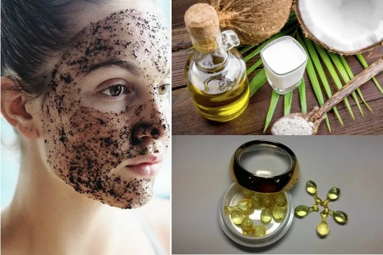 Bát đựng hỗn hợp bã cà phê, dầu dừa và vitamin E đang được trộn đều