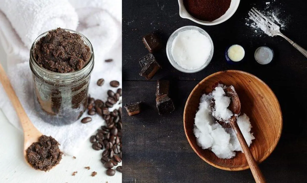 Bát thủy tinh chứa hỗn hợp tẩy tế bào chết cà phê và đường nâu đã trộn đều