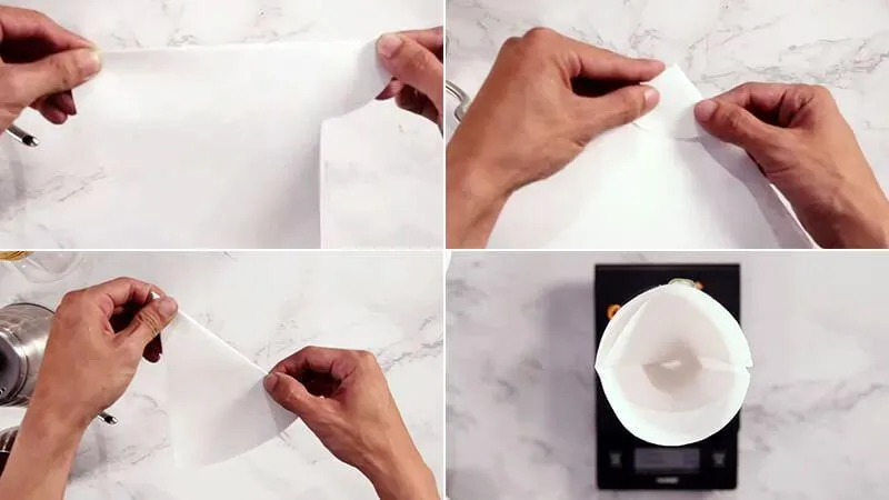 Các bước gấp và tráng giấy lọc, bước đầu tiên quan trọng trong cách pha cà phê pour over