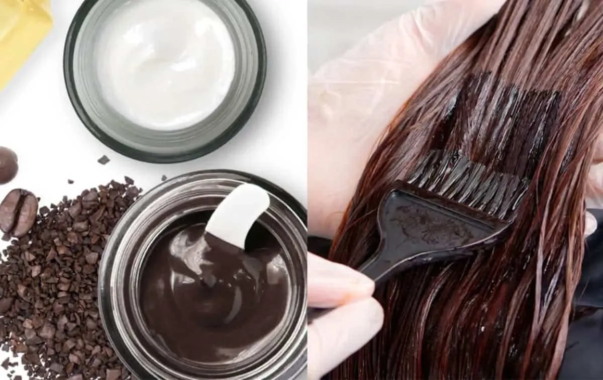 Các vật dụng cần thiết và cà phê đen được đặt trên bàn để chuẩn bị cho quá trình nhuộm tóc