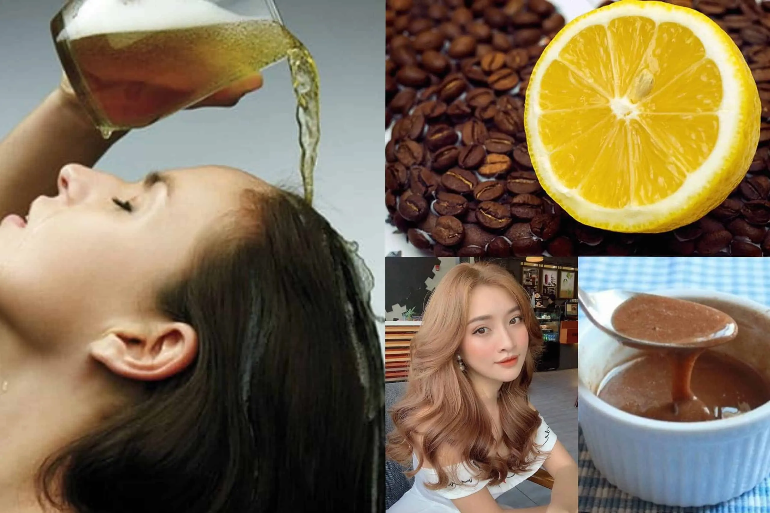 Cô gái đang thoa hỗn hợp nhuộm cà phê lên tóc, sử dụng cọ và găng tay để đảm bảo quá trình nhuộm sạch sẽ và đều màu