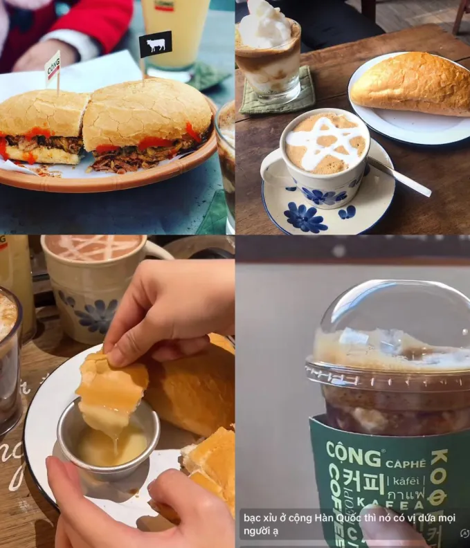 Đồ ăn kèm như bánh mì được phục vụ tại Cộng Cà Phê, dù có sự điều chỉnh hương vị để phù hợp với người dùng tại Hàn Quốc