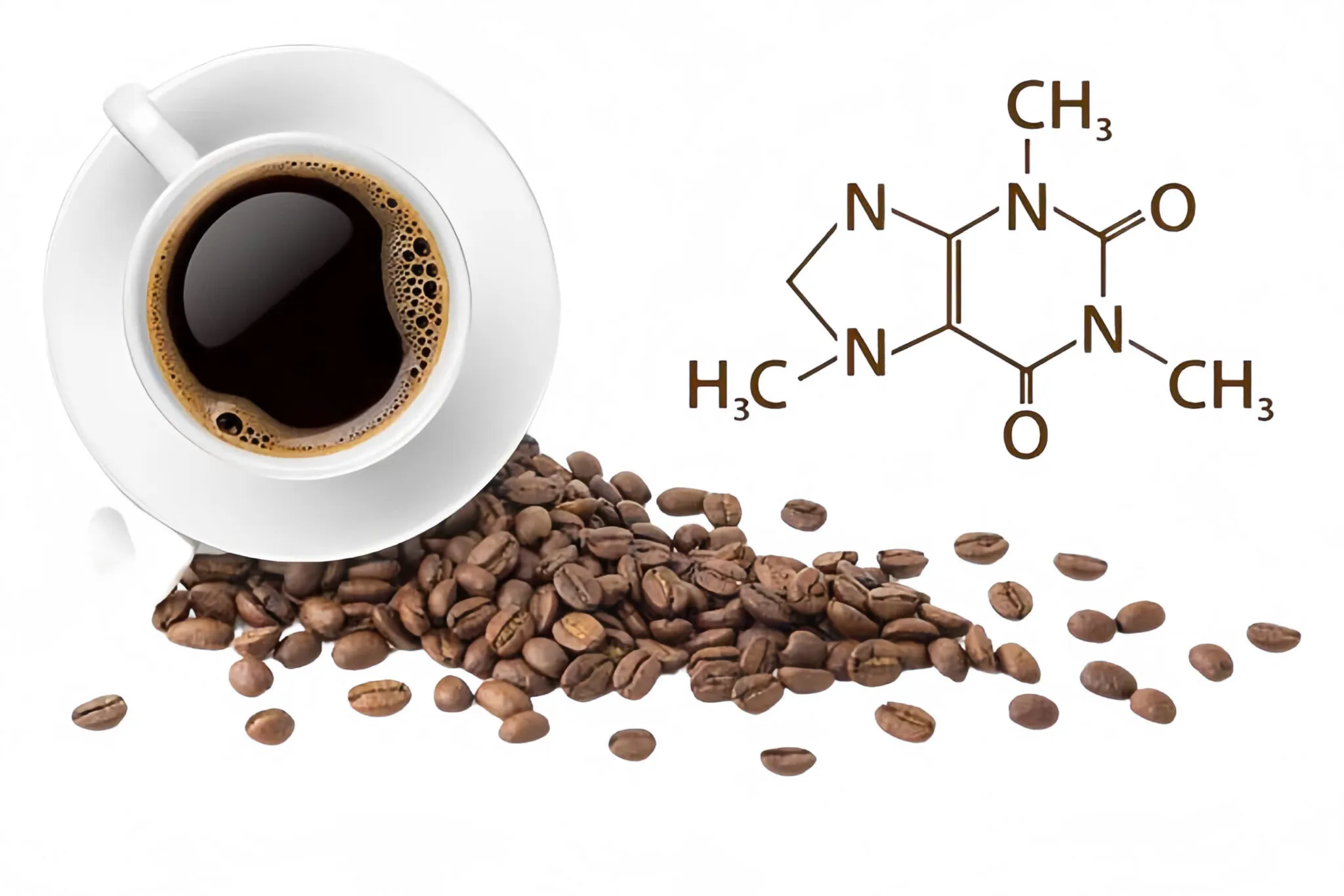 Hình ảnh cận cảnh hạt cà phê và tách cà phê, đại diện cho hàm lượng caffeine trong đồ uống
