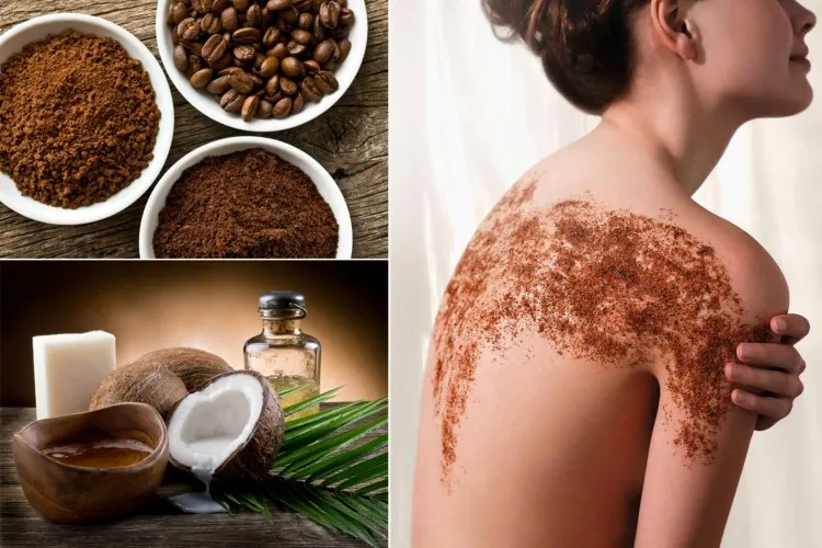 Hình ảnh hỗn hợp bã cà phê và dầu dừa đang được thoa lên cơ thể