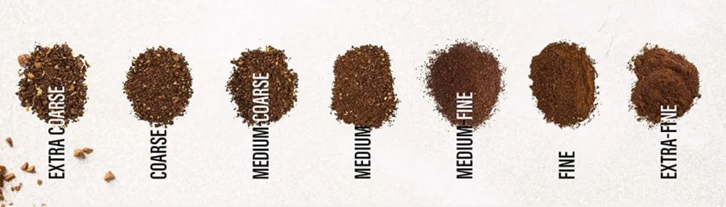 Hình ảnh minh họa các mức độ xay cà phê khác nhau từ thô đến mịn: Coarse, Medium, Fine, Extra Fine