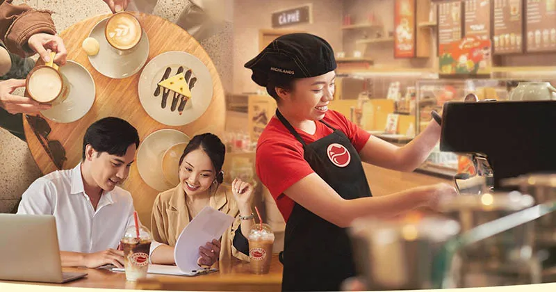 Hình ảnh về thị trường mục tiêu của Highland Coffee tập trung vào nhóm khách hàng trung lưu, giới văn phòng và giới trẻ