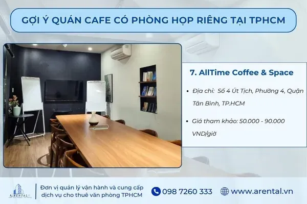 Không gian làm việc và họp nhóm chung tại AllTime Coffee & Space, thể hiện sự linh hoạt của mô hình cafe có phòng họp