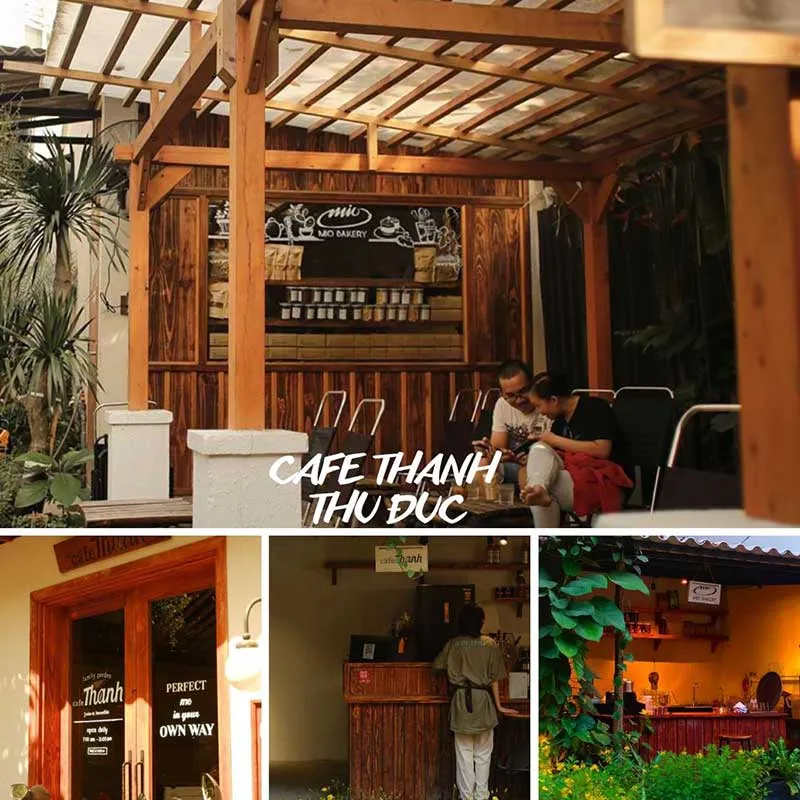 Không gian mở với phối cảnh gỗ và cây xanh ấn tượng tại Quán Cafe Thanh Thủ Đức
