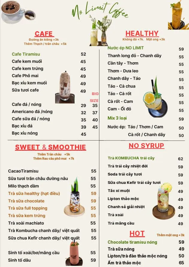 Khu vực bên ngoài của NO LIMIT COFFEE ở Bình Thạnh, thể hiện sự sạch sẽ và decor ấn tượng