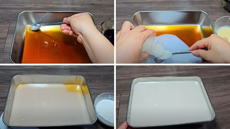 Kỹ thuật đổ từng lớp rau câu cà phê, sữa dừa và rau câu trong vào khuôn