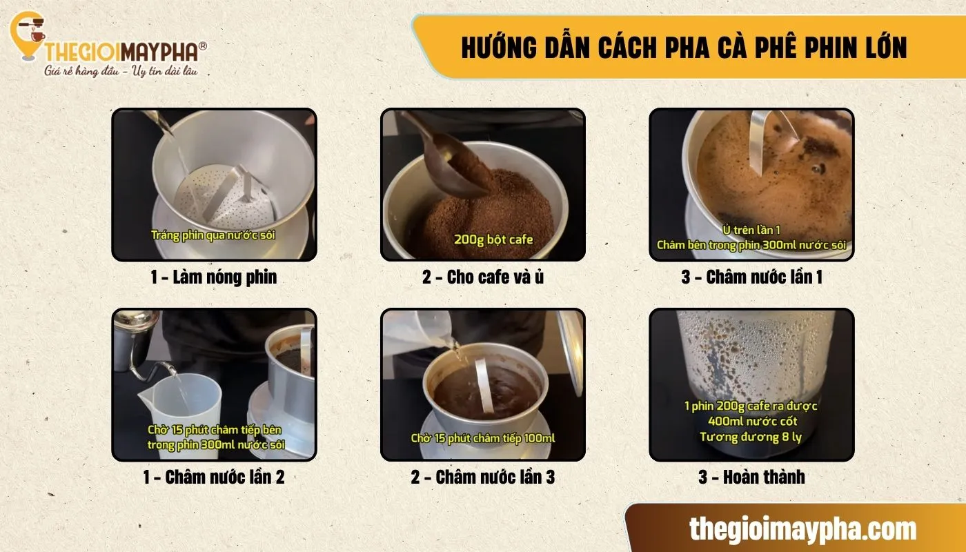 Kỹ thuật rót nước nhiều lần khi pha cà phê phin lớn