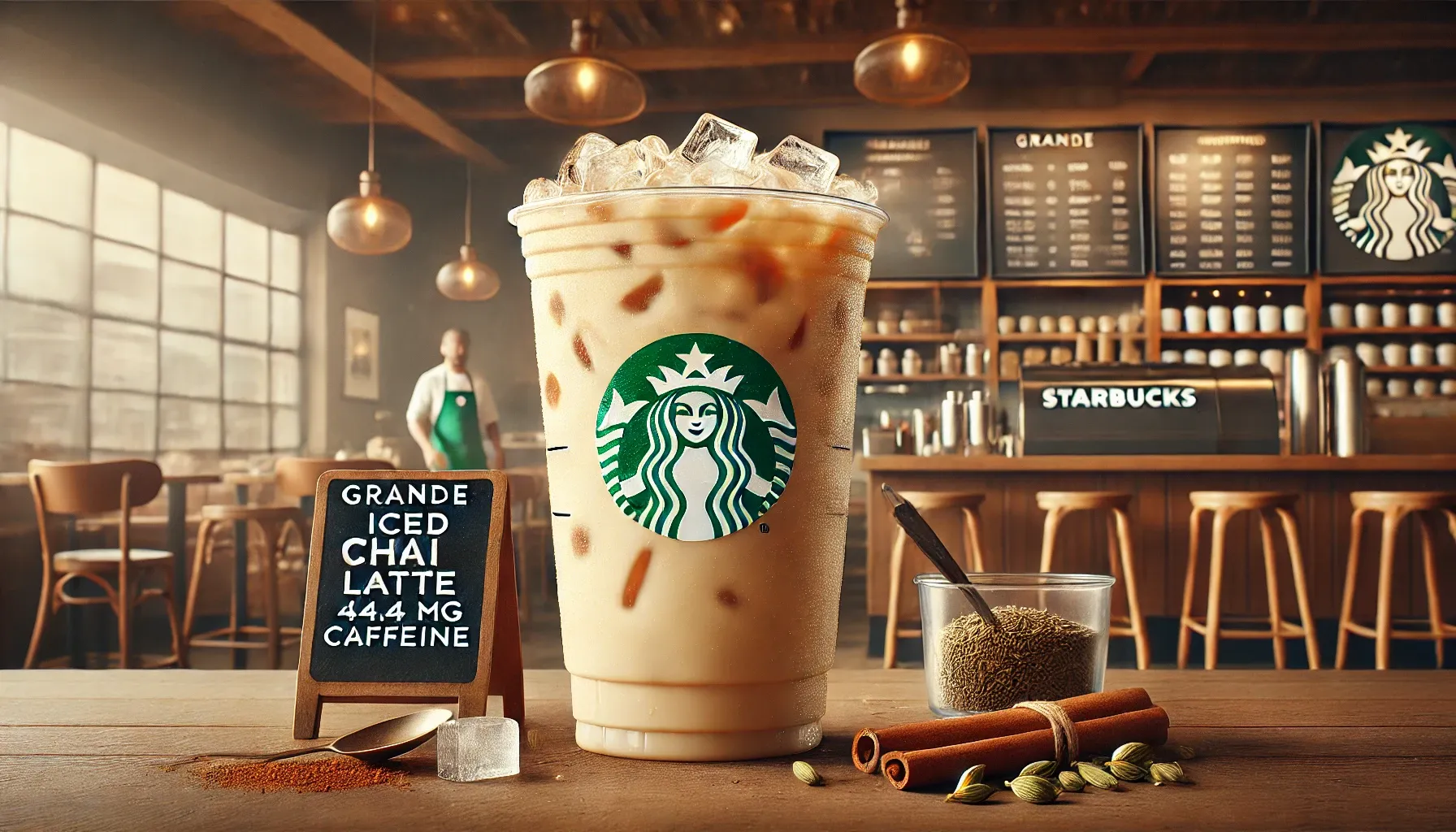 Ly Starbucks Iced Chai Tea Latte với lớp kem tươi phía trên, minh họa kích cỡ và giá