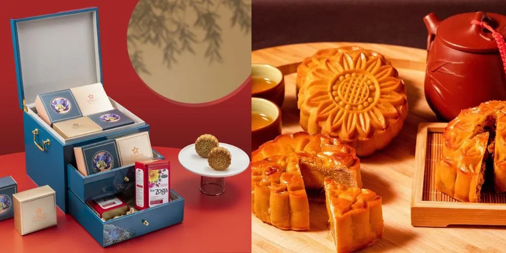 Mâm bánh trung thu đa dạng và tách cà phê ấm áp, biểu tượng của sự kết hợp bánh trung thu và cà phê tại Cộng Trung Hòa
