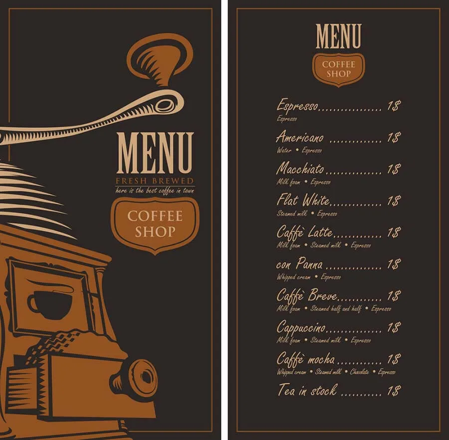 Menu quán cà phê hiện đại với thiết kế tối giản, minh họa các bước trong cách thiết kế menu quán cà phê
