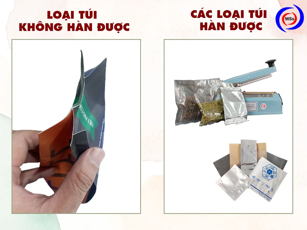 Minh họa các loại túi cà phê có nếp gấp hai bên mà máy ép miệng túi cà phê không thể hàn