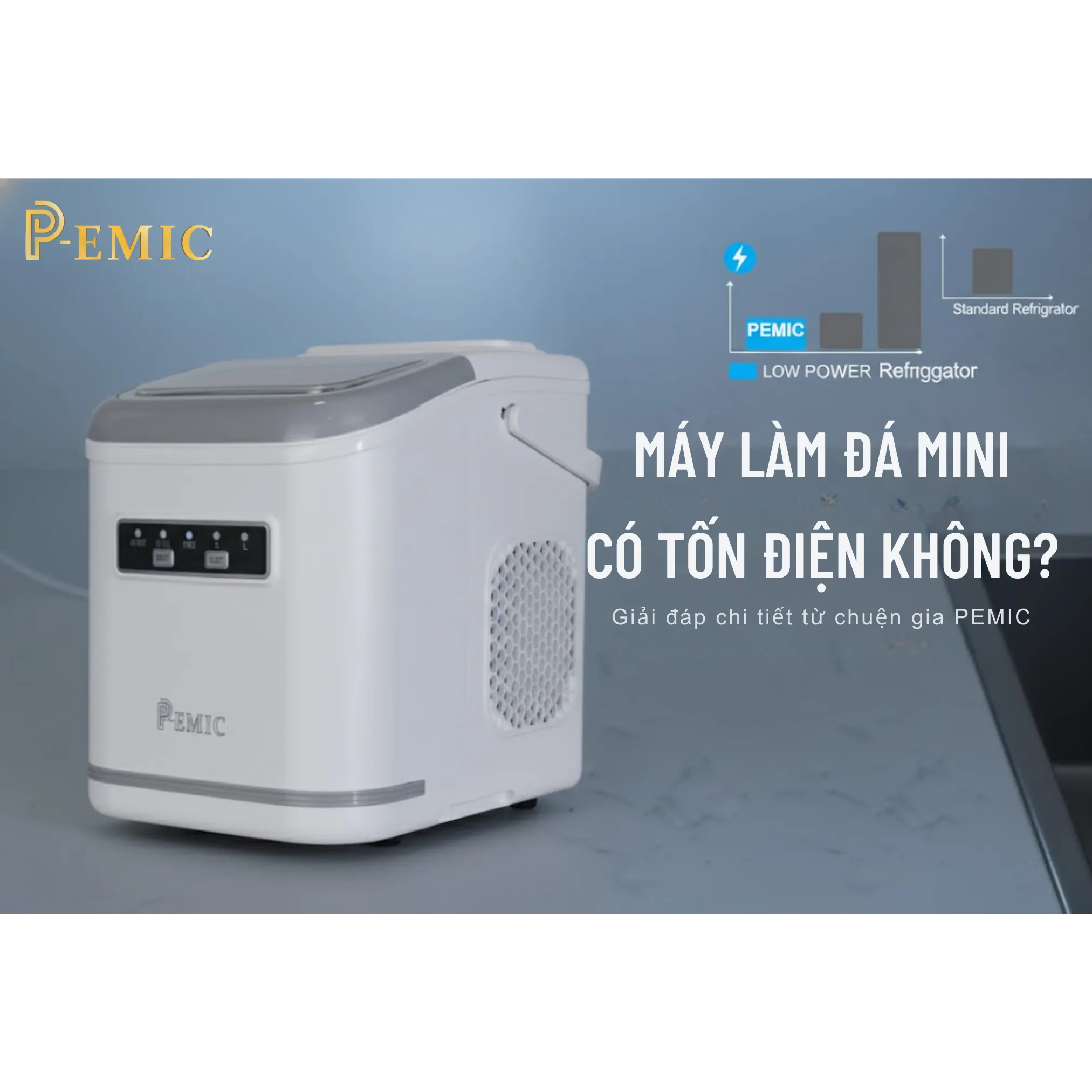 Mô tả hình ảnh một chiếc máy làm đá nhỏ gọn, có thể là một phần của giải pháp thiết bị toàn diện