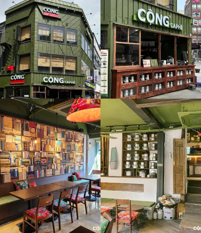 Một góc không gian mang đậm phong cách bao cấp của Cộng Cà Phê tại Hàn Quốc, với bàn ghế gỗ sần và nội thất cổ điển