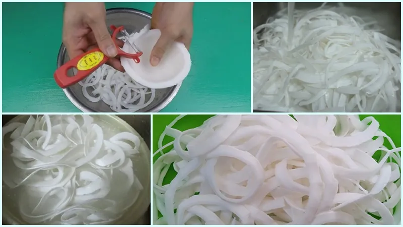 Nạo cùi dừa đã gọt bỏ vỏ nâu thành từng lát mỏng để chuẩn bị làm mứt cà phê