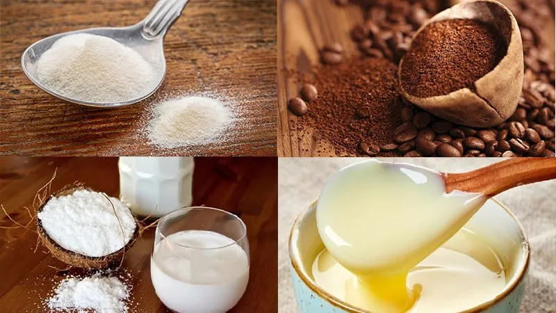 Nguyên liệu chính làm rau câu cà phê cốt dừa bao gồm bột, nước cốt dừa và các chất phụ gia