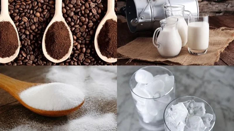 Nguyên liệu cho món dalgona latte, bao gồm sữa, cà phê, đường và muối nở