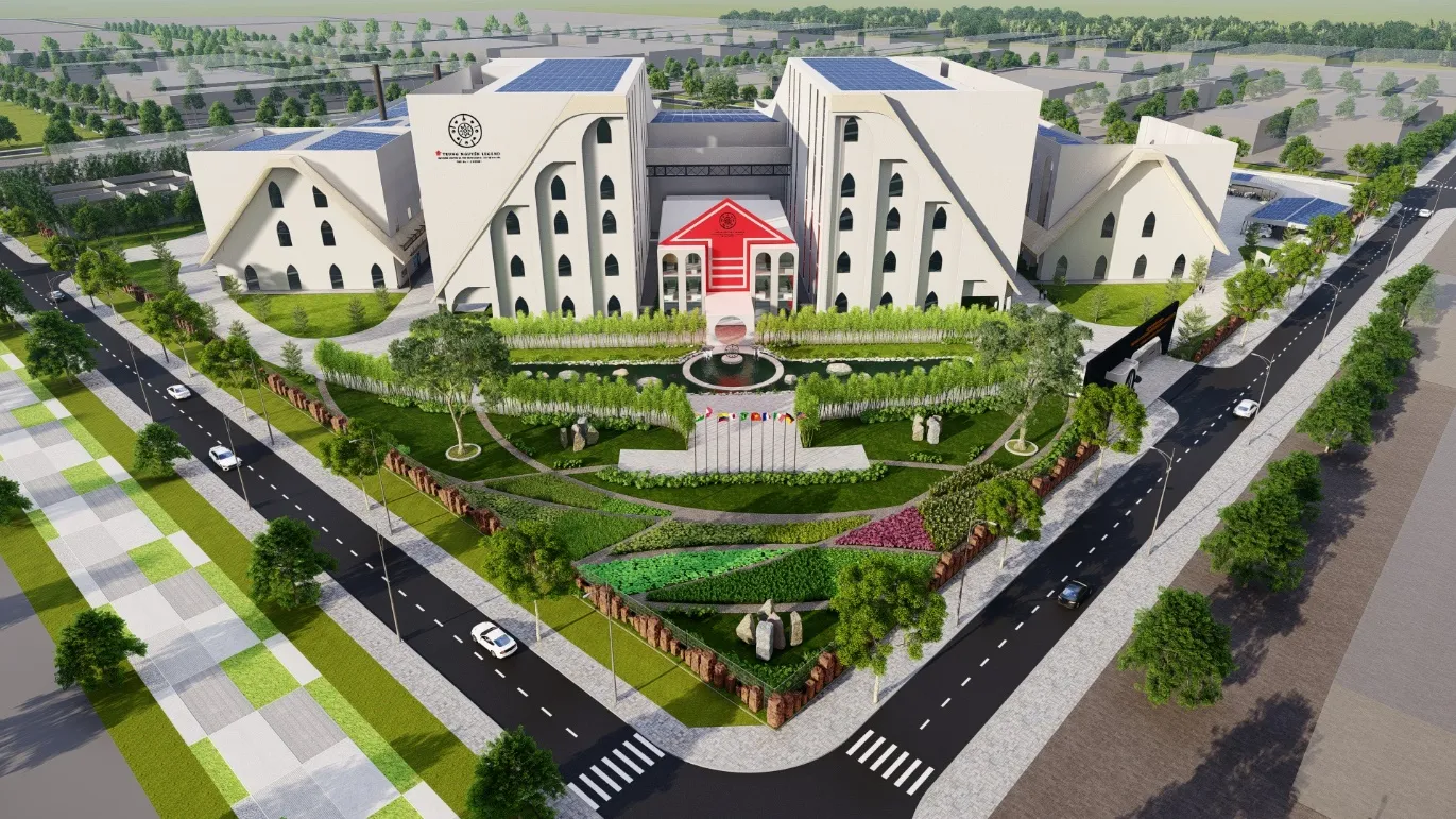 Phối cảnh Nhà máy cà phê năng lượng Trung Nguyên Legend tại Cụm công nghiệp Tân An, được thiết kế trở thành Nhà máy cà phê năng lượng sinh thái – bền vững tiêu chuẩn Net Zero