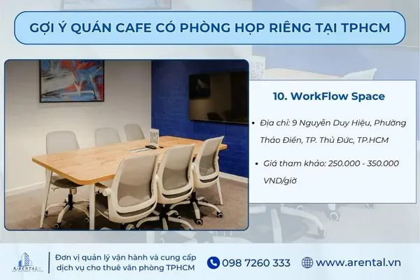 Phòng họp riêng WorkFlow Space, thể hiện sự yên tĩnh và tập trung cao độ, là một lựa chọn cà phê có phòng họp lý tưởng