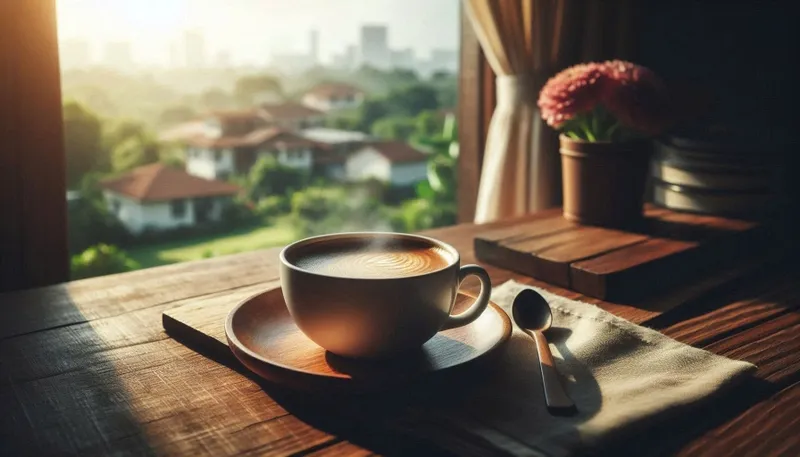 Quán cà phê với ánh sáng ấm áp, thể hiện không gian thư giãn cho người thưởng thức cà phê