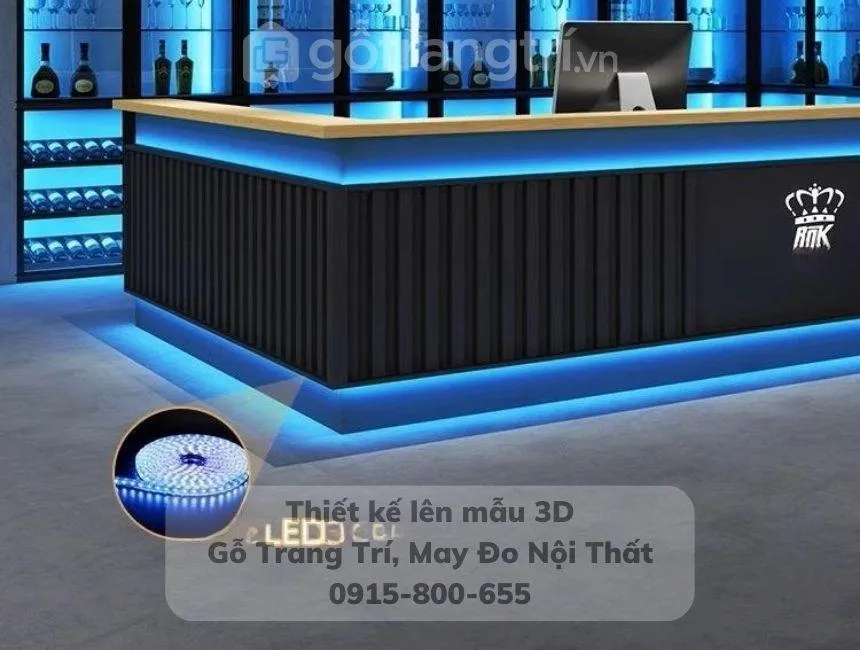 Quầy bar cà phê phong cách retro với đèn LED ấm áp tạo điểm nhấn