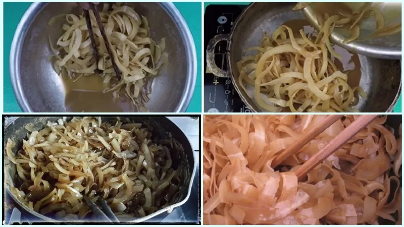 Sên dừa trên chảo chống dính, kiểm soát lửa nhỏ và đảo liên tục để đường kết tinh