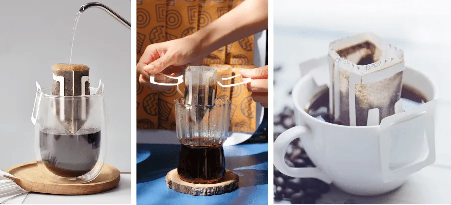 Túi cà phê phin giấy (drip bag) với hai quai gài tiện lợi được mở ra