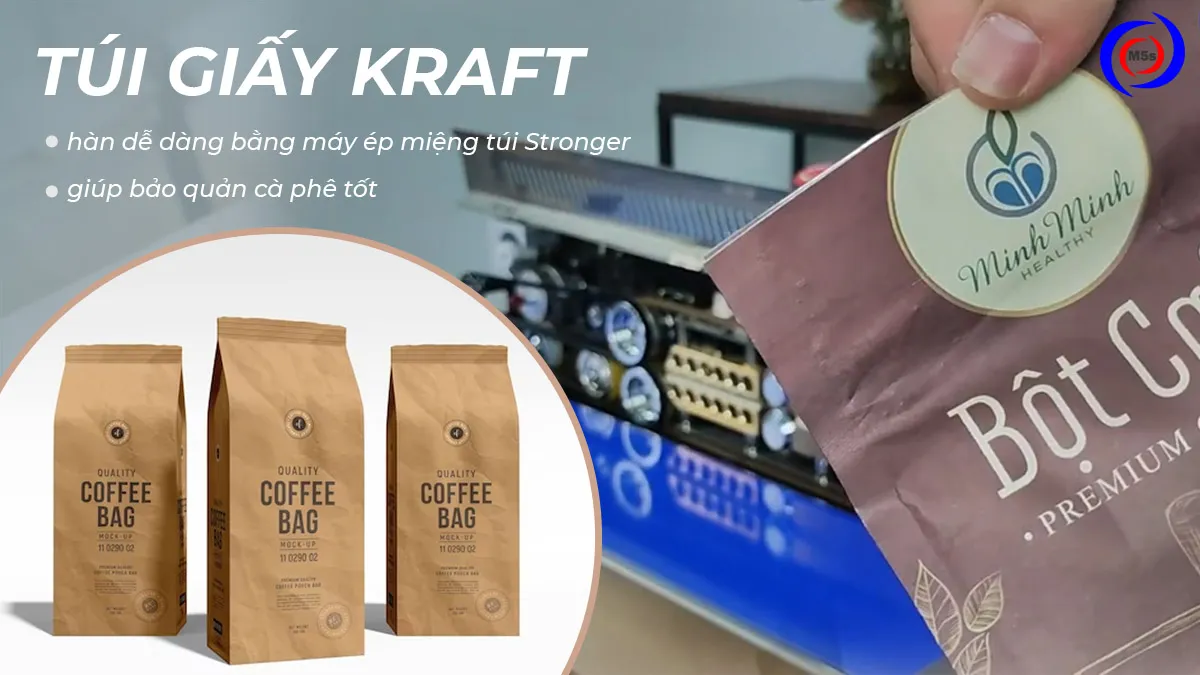 Túi giấy kraft và màng nhôm sau khi được máy ép miệng túi cà phê hàn kín