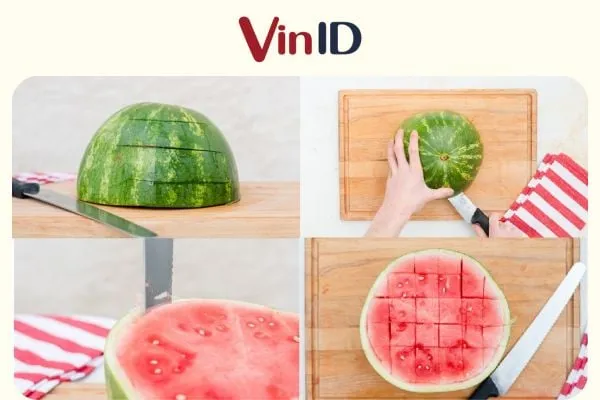 Các khối dưa hấu hình vuông được cắt đều, minh họa cho việc kiểm tra và đo đạc kỹ thuật chính xác trong chẩn đoán sâu bệnh
