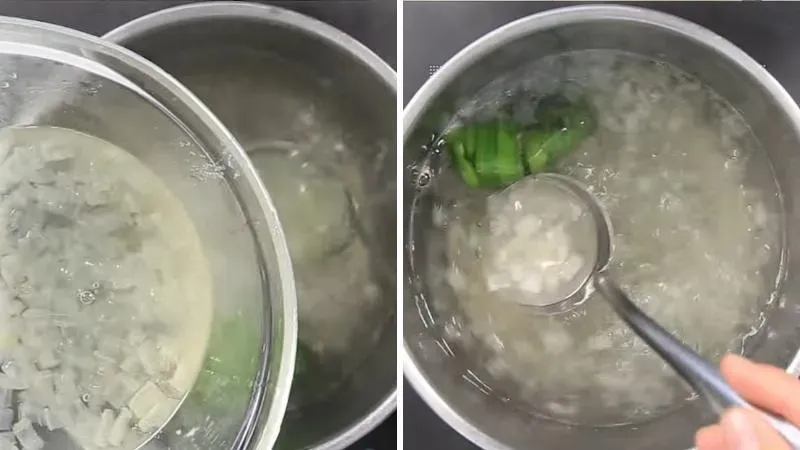 Ly chè dừa dầm cà phê hoàn chỉnh với kem dừa, dừa sợi và cà phê đậm đặc rưới trên cùng