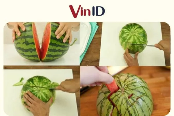 Miếng dưa hấu dài được rút ra từ khối, tượng trưng cho việc loại bỏ phần vỏ bệnh và hoại tử khỏi thân cây một cách khéo léo