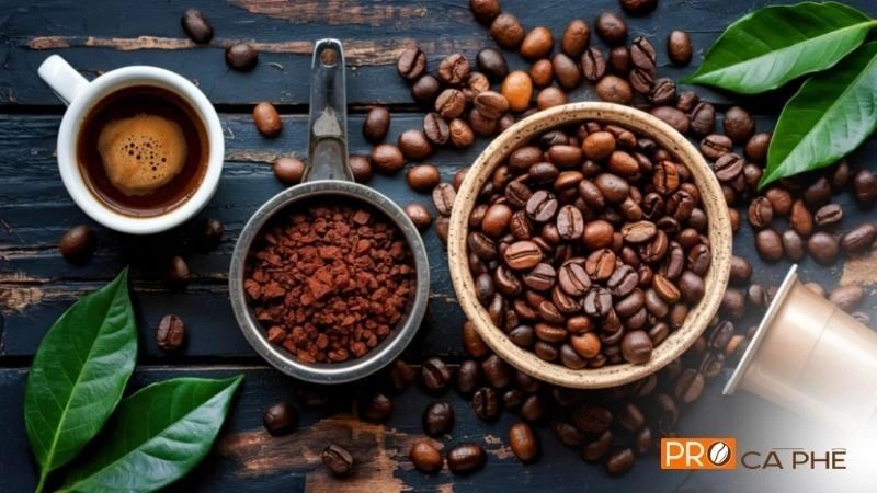 Cà phê rang xay là sản phẩm nguyên chất 100% từ hạt cà phê (thường là Robusta hoặc Arabica)